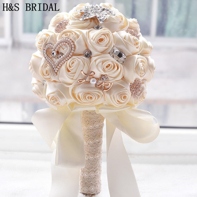 Elegant Rose Flower Bouquet with Crystals & Pearls