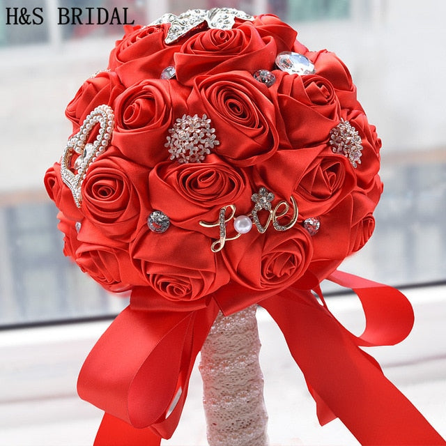 Elegant Rose Flower Bouquet with Crystals & Pearls