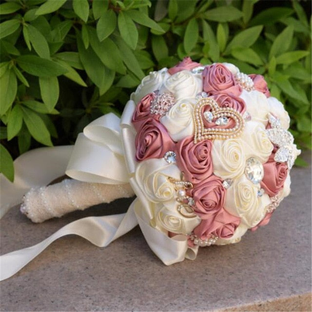 Elegant Rose Flower Bouquet with Crystals & Pearls