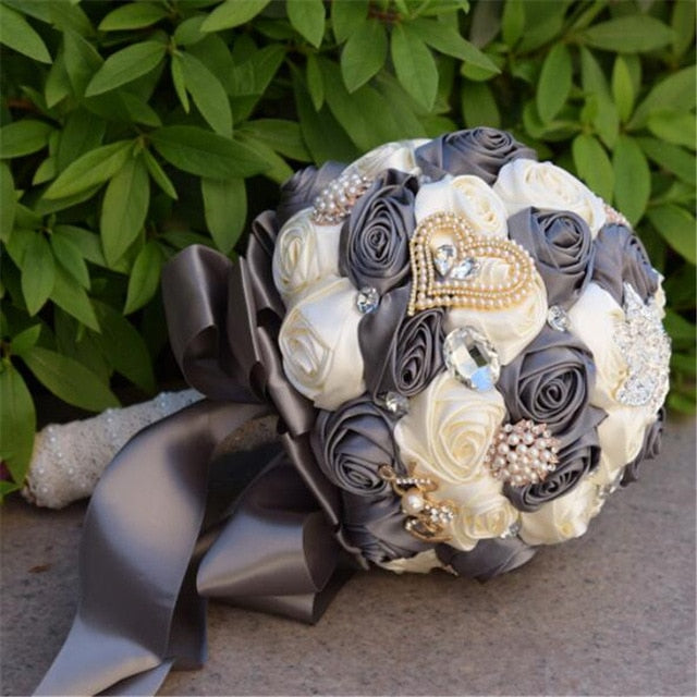 Elegant Rose Flower Bouquet with Crystals & Pearls
