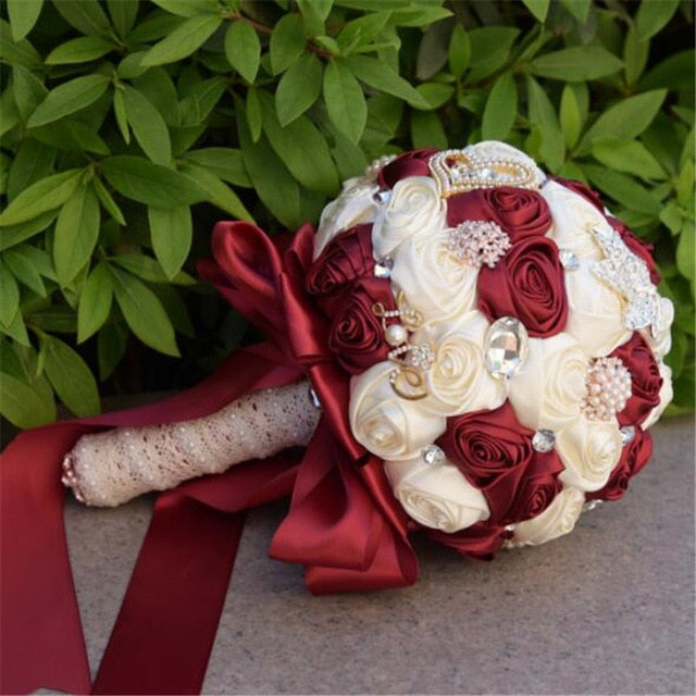Elegant Rose Flower Bouquet with Crystals & Pearls