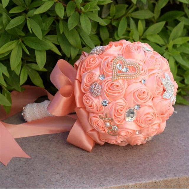 Elegant Rose Flower Bouquet with Crystals & Pearls