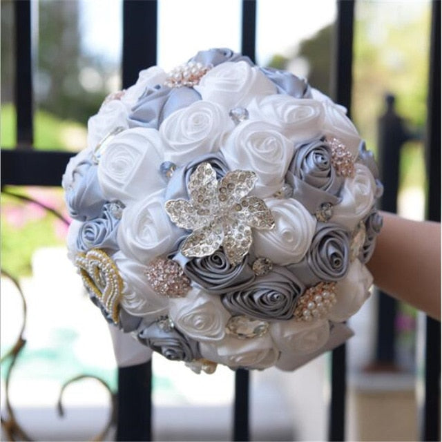 Elegant Rose Flower Bouquet with Crystals & Pearls
