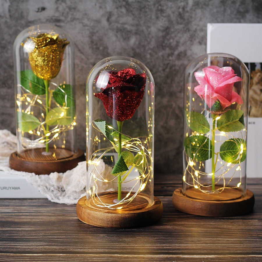Sparkly Glitter Eternal Rose in Glass Dome LED Light
