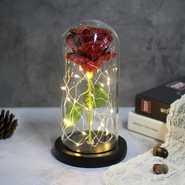 Sparkly Glitter Eternal Rose in Glass Dome LED Light