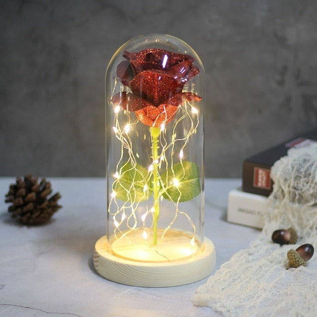 Sparkly Glitter Eternal Rose in Glass Dome LED Light