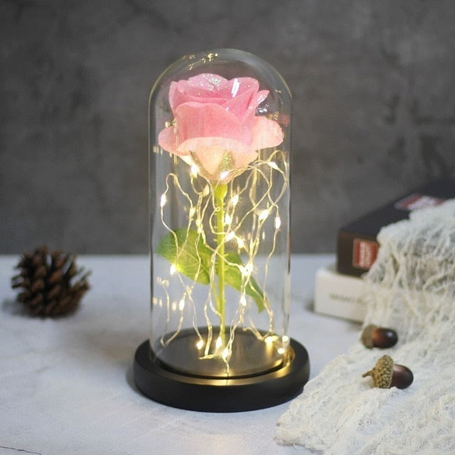 Sparkly Glitter Eternal Rose in Glass Dome LED Light