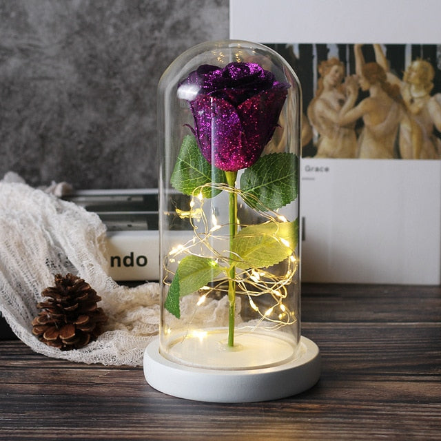 Sparkly Glitter Eternal Rose in Glass Dome LED Light