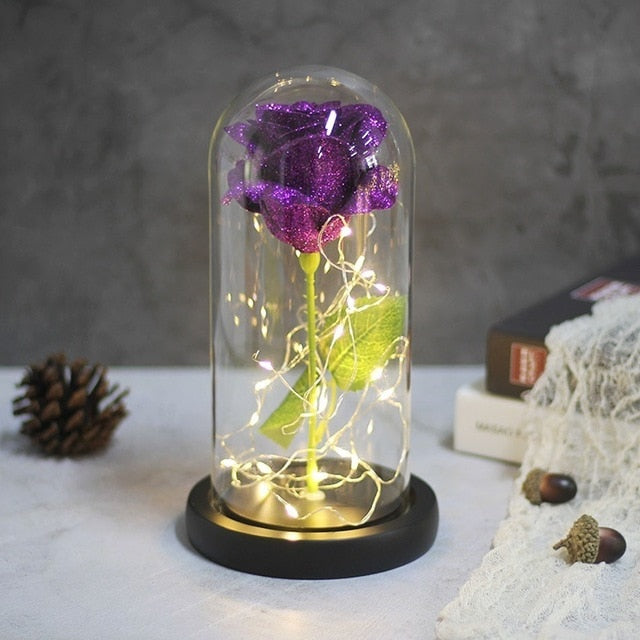 Sparkly Glitter Eternal Rose in Glass Dome LED Light