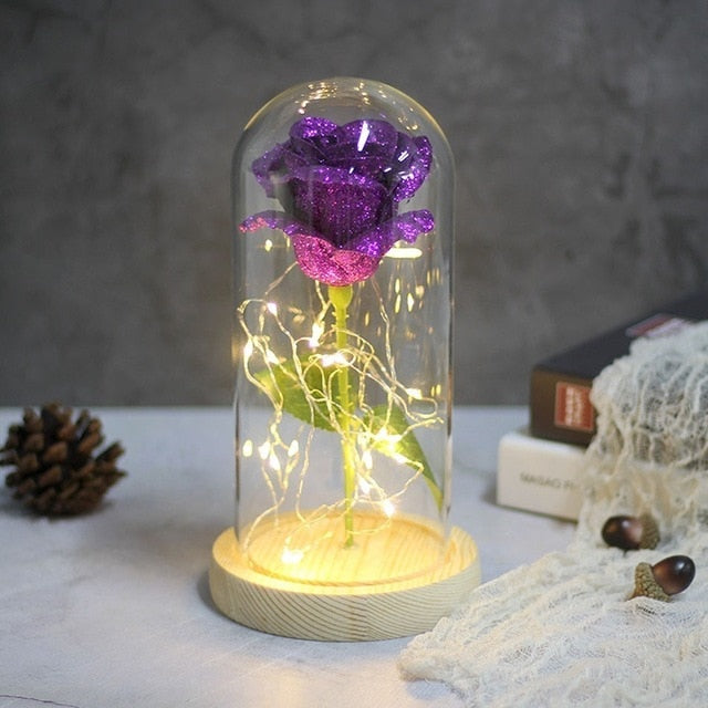 Sparkly Glitter Eternal Rose in Glass Dome LED Light