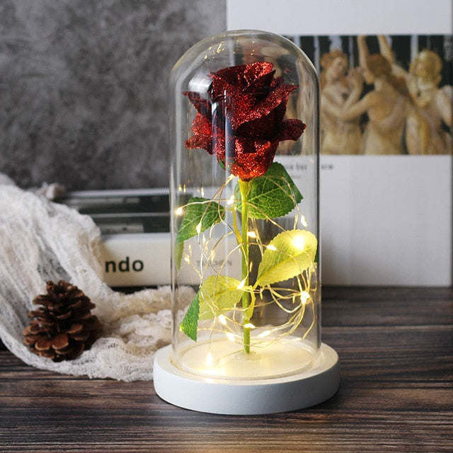 Sparkly Glitter Eternal Rose in Glass Dome LED Light