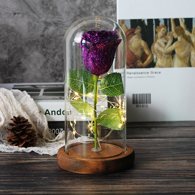 Sparkly Glitter Eternal Rose in Glass Dome LED Light