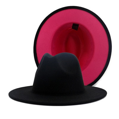 Blue Black Patchwork Wool Felt Fedora Hat with Belt