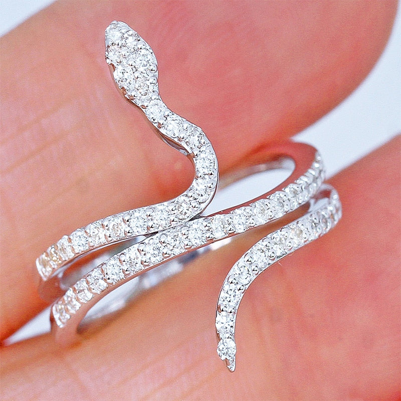 Womens Snake Ring Silver CZ Stone