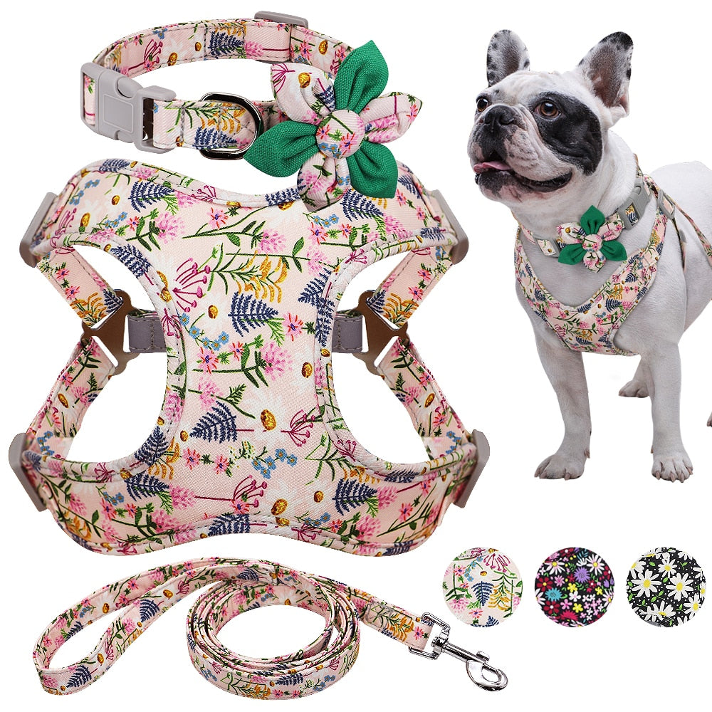 3pc Set Flower Print Harness Leash And Collar
