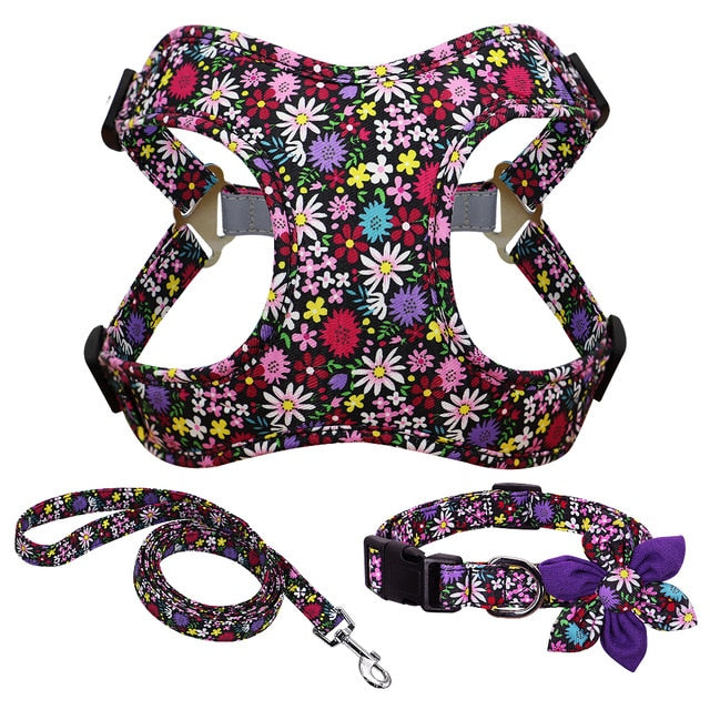 3pc Set Flower Print Harness Leash And Collar
