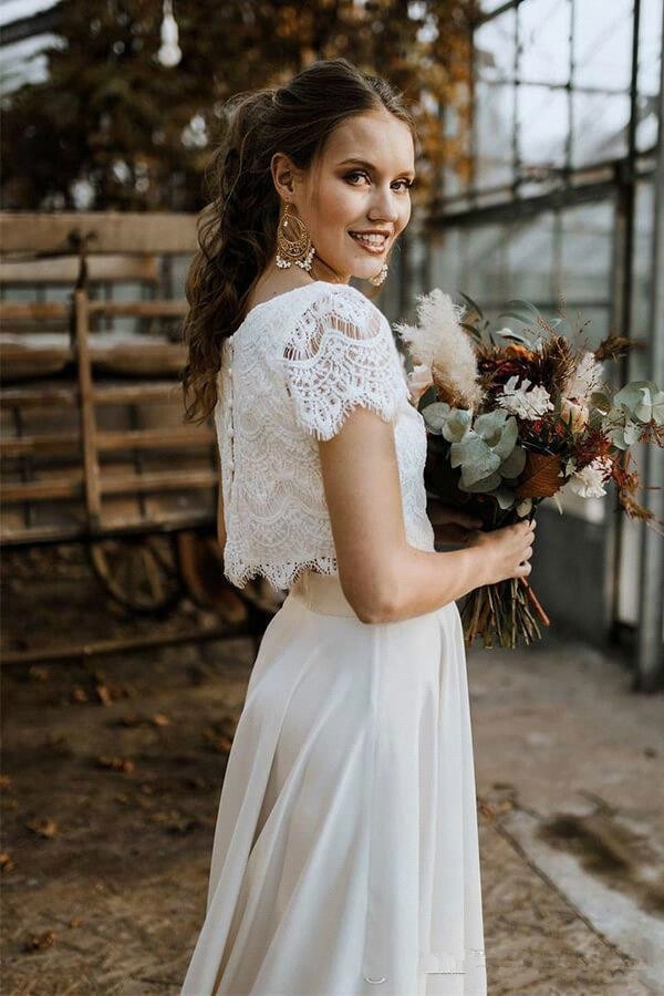 Bohemian Two Piece Lace Skirt Top Short Sleeve Bridal Gown