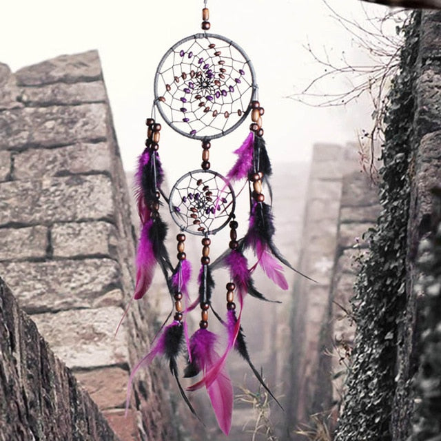 2 Ring Dream Catcher With Feather Wall Decor