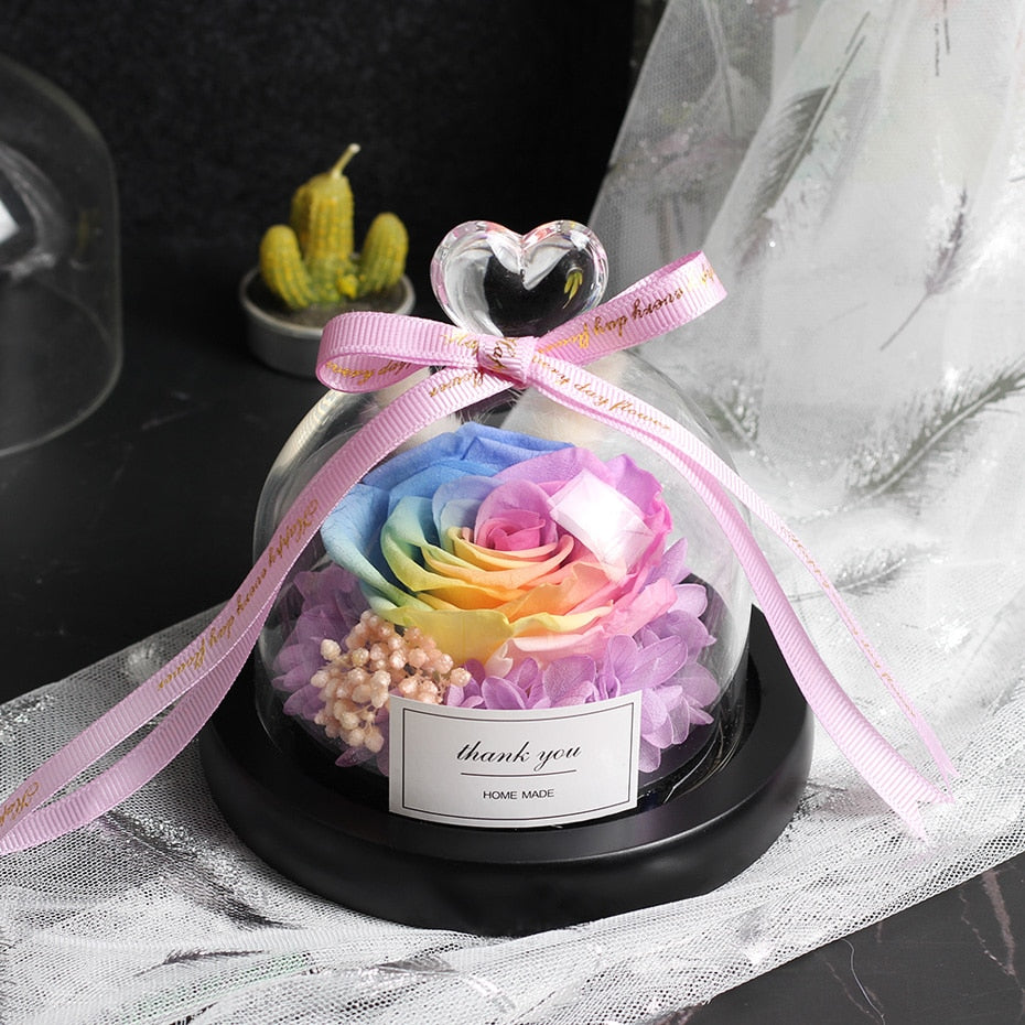 Rainbow Glass Dome Rose LED Beauty Beast Preserved Rose