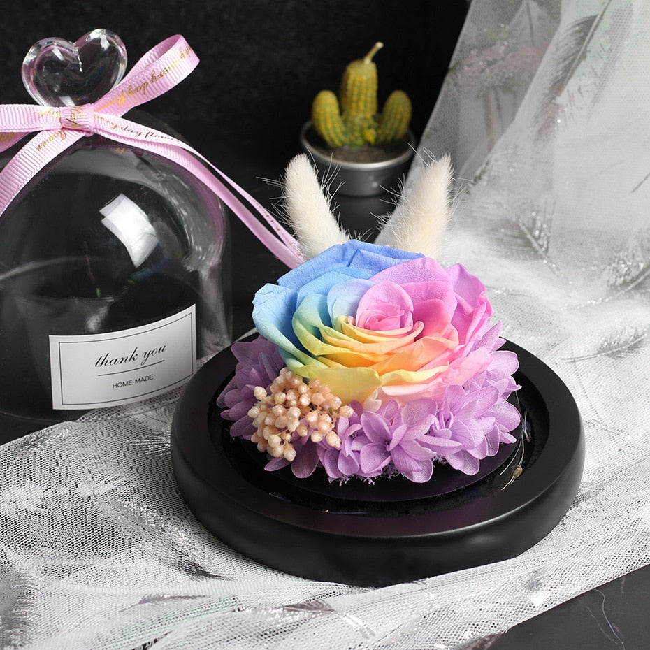 Rainbow Glass Dome Rose LED Beauty Beast Preserved Rose