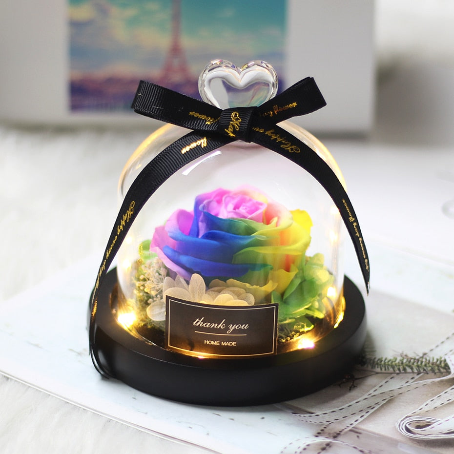 Rainbow Glass Dome Rose LED Beauty Beast Preserved Rose