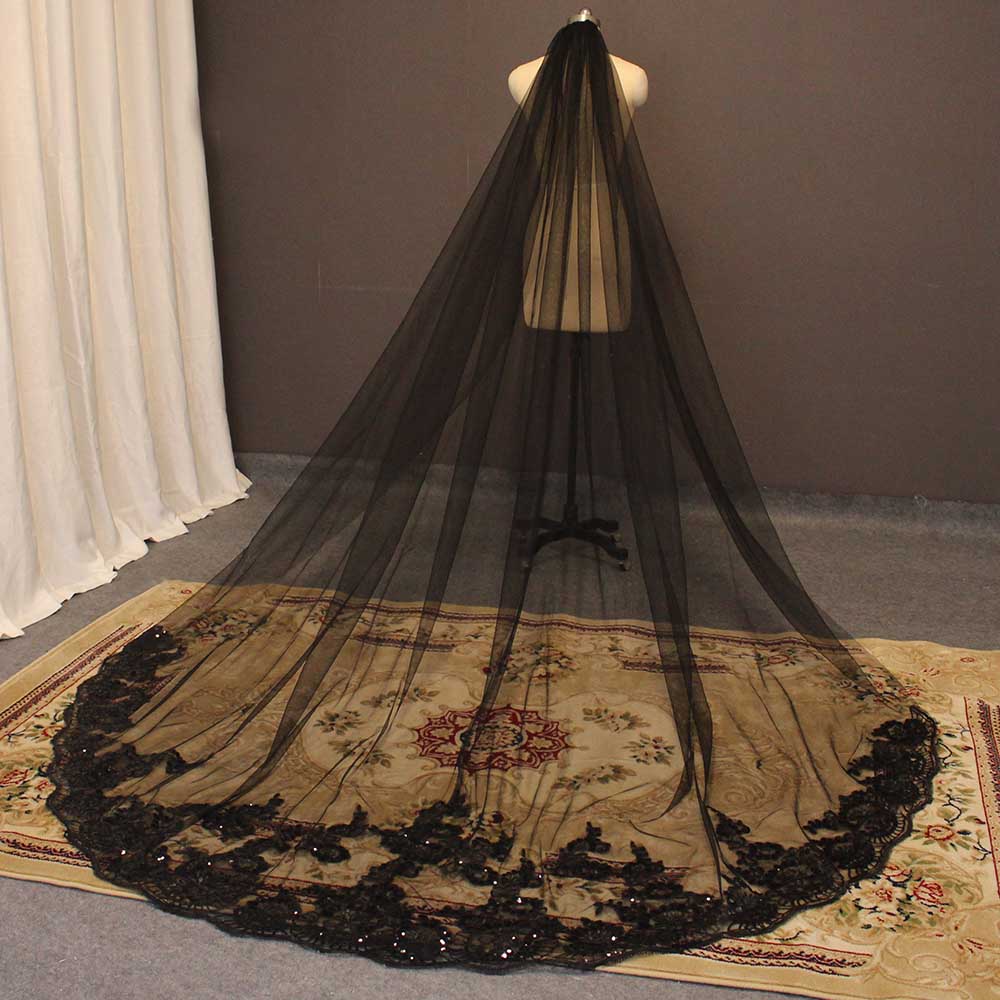 Cathedral Black Wedding Veil One Layer 3M