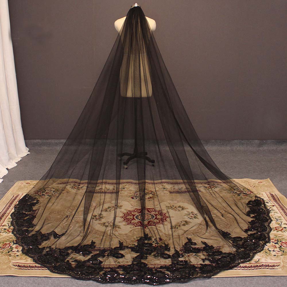 Cathedral Black Wedding Veil One Layer 3M