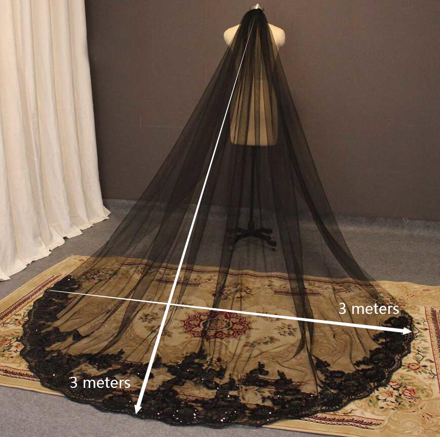 Cathedral Black Wedding Veil One Layer 3M