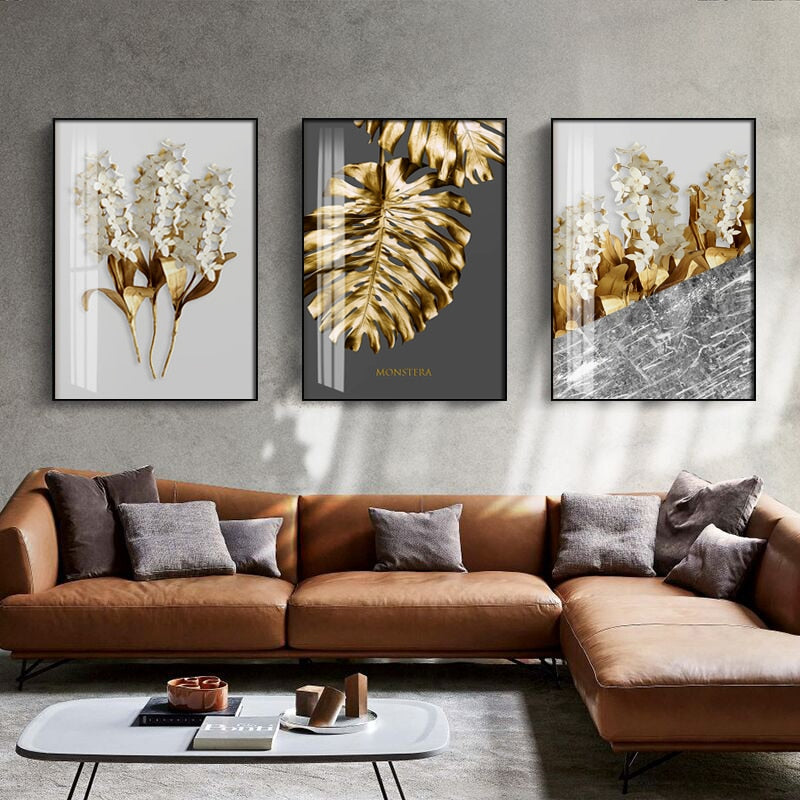 Nordic Golden Abstract Leaf Wall Art Canvas