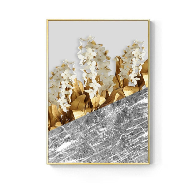 Nordic Golden Abstract Leaf Wall Art Canvas