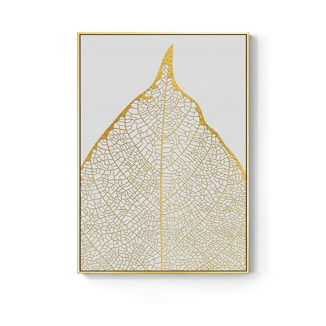 Nordic Golden Abstract Leaf Wall Art Canvas