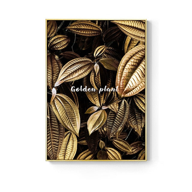 Nordic Golden Abstract Leaf Wall Art Canvas