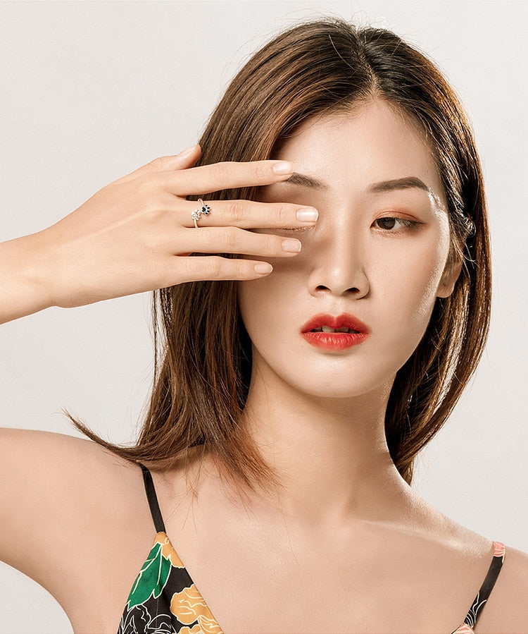 Dog Paw Sterling Silver 925 Black Enamel Adjustable Ring