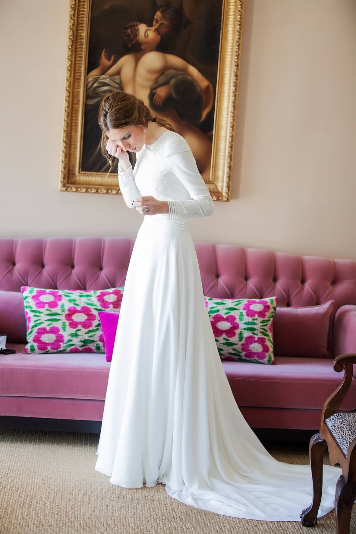 Simple Long Sleeve Plain Satin Wedding Dress Bridal Gown