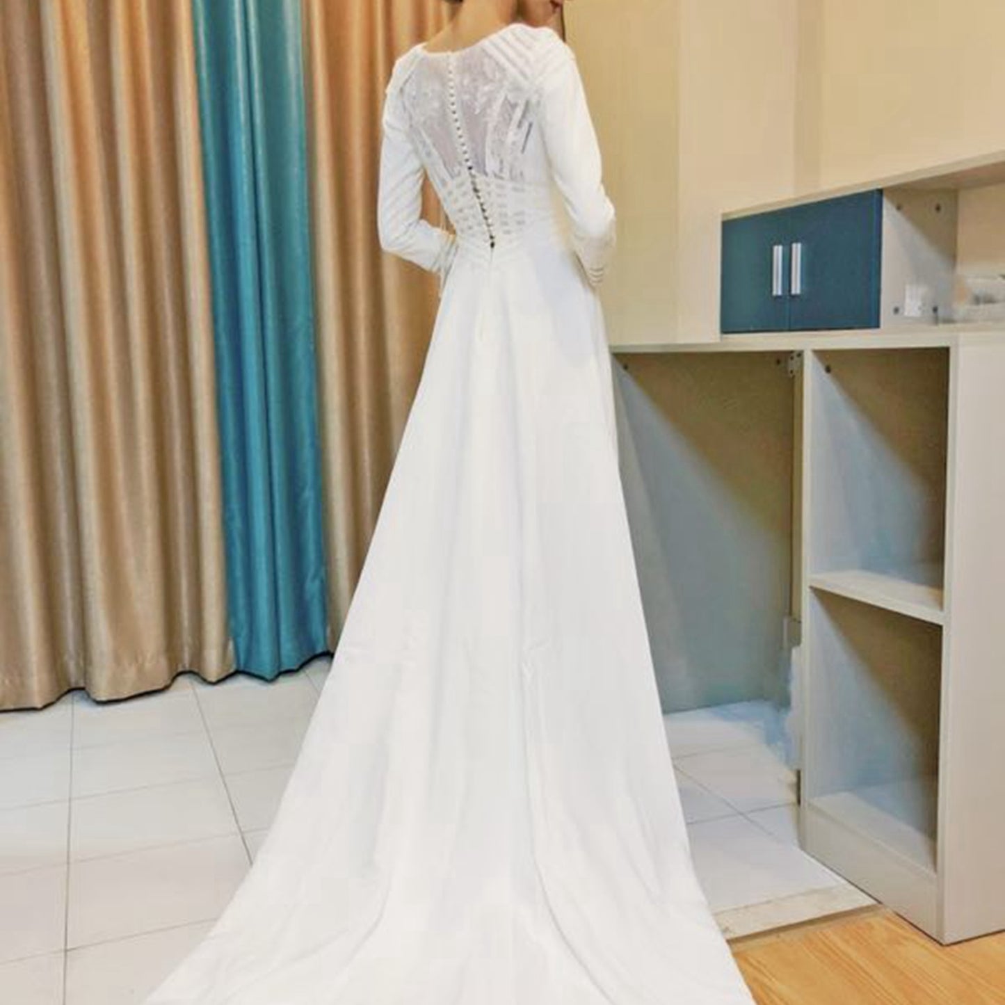 Simple Long Sleeve Plain Satin Wedding Dress Bridal Gown