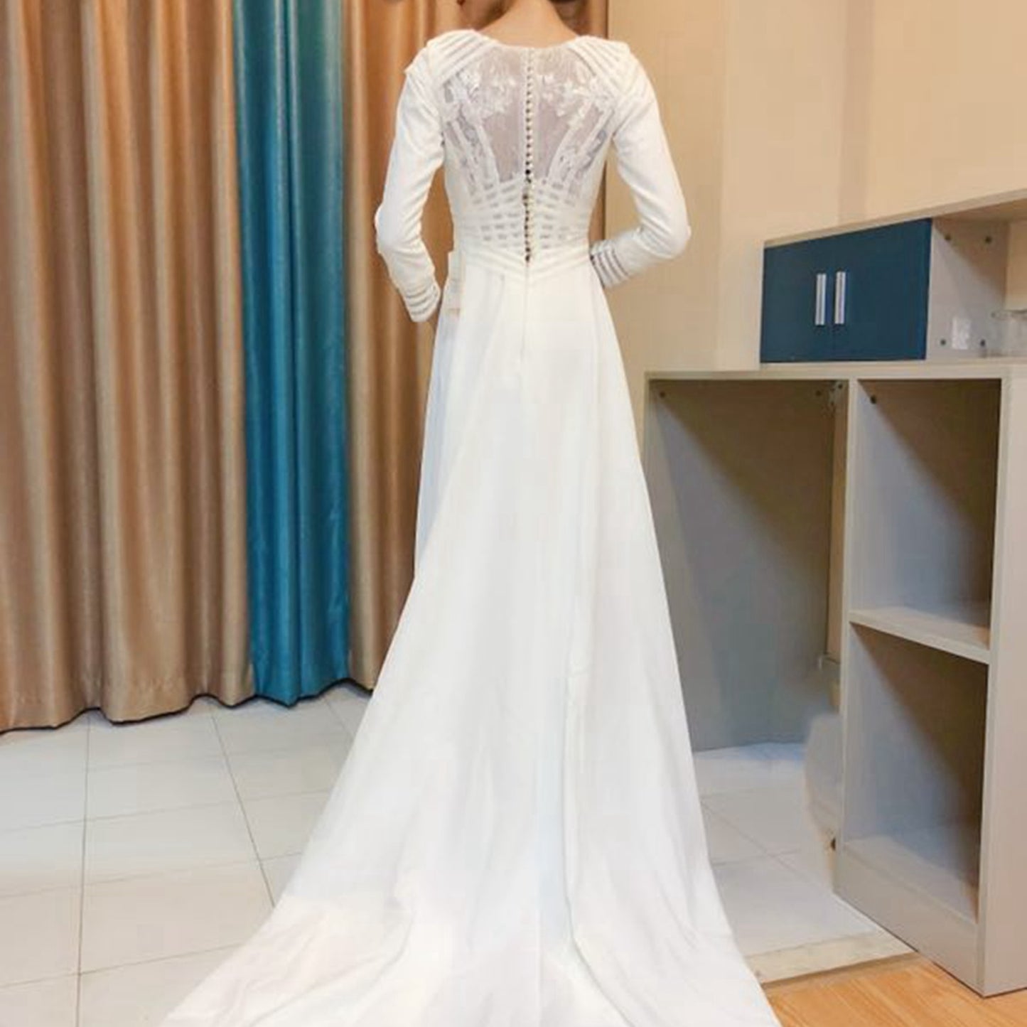 Simple Long Sleeve Plain Satin Wedding Dress Bridal Gown