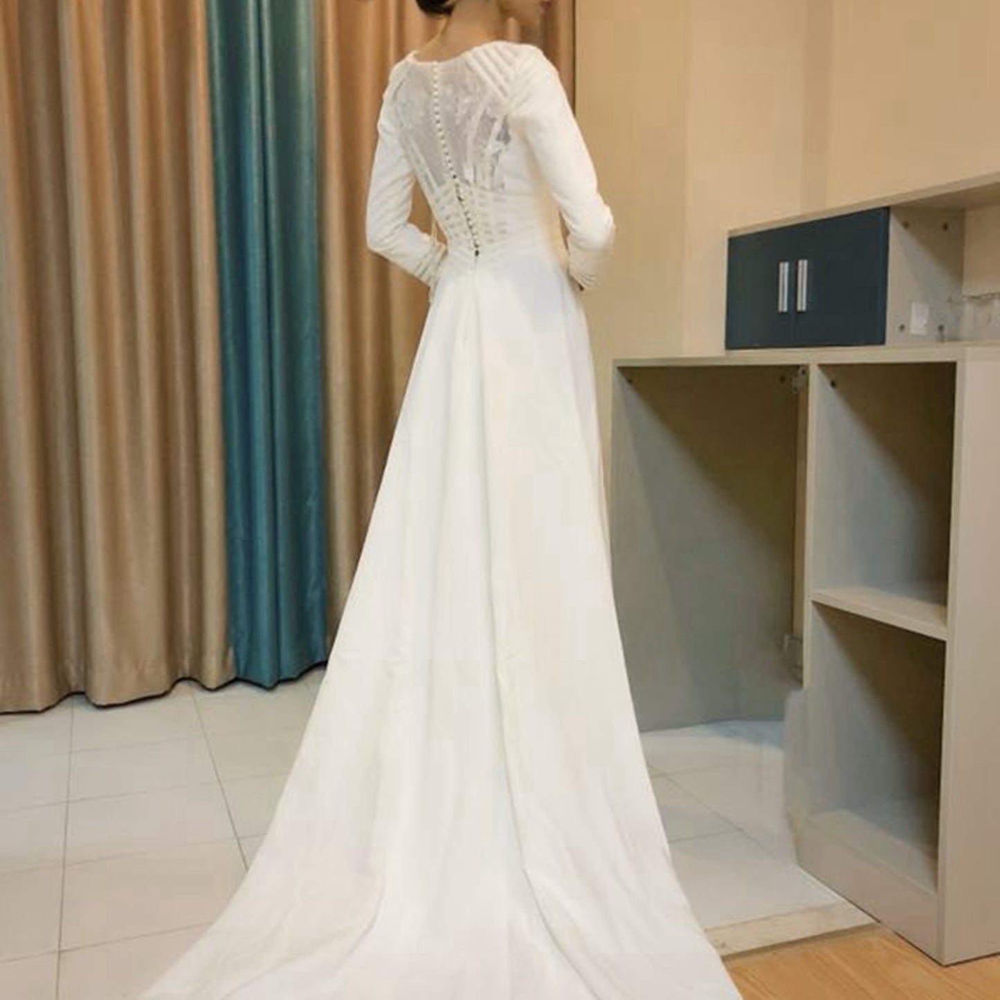 Simple Long Sleeve Plain Satin Wedding Dress Bridal Gown