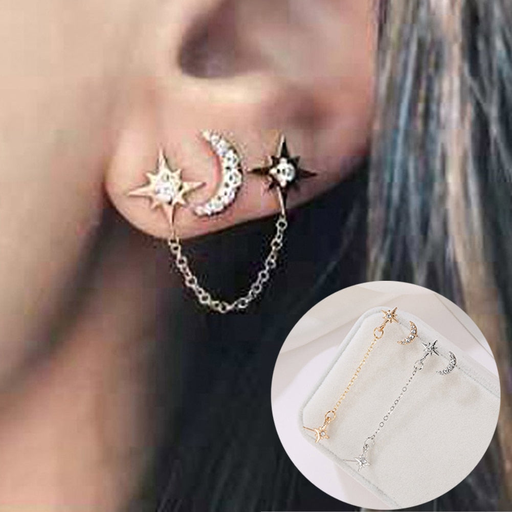 Double Star Moon Stud Earrings