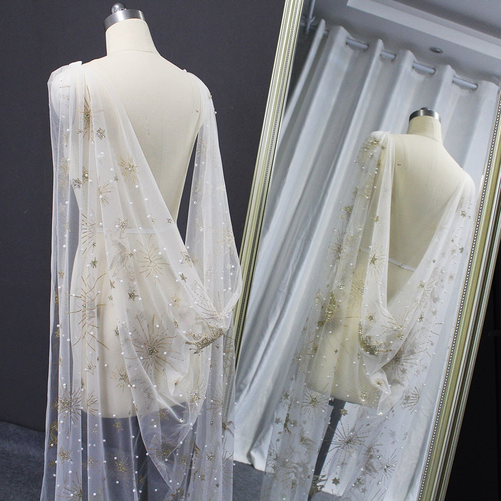 Gold Dust Pearls Moon Star Unicorn Wedding Cape Veil