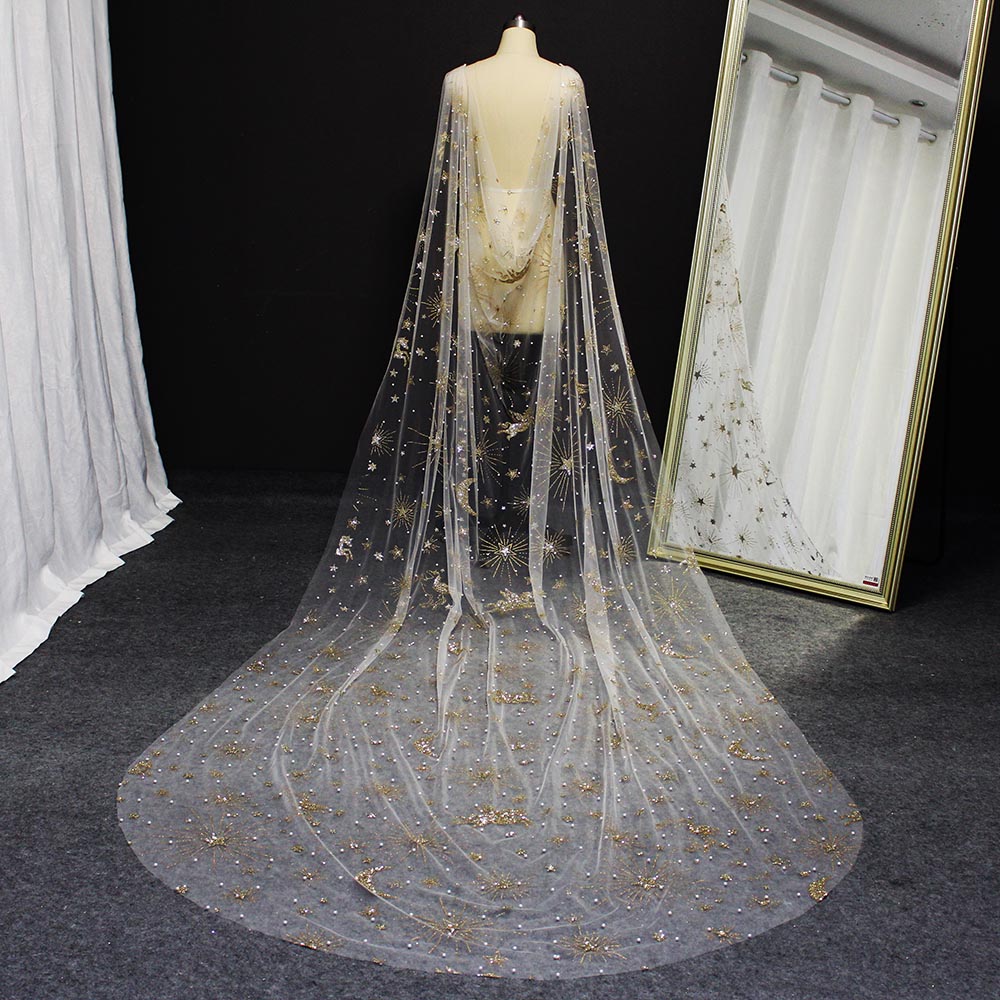 Gold Dust Pearls Moon Star Unicorn Wedding Cape Veil