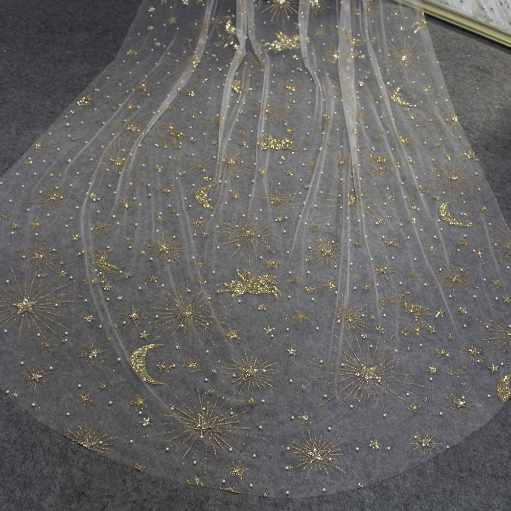 Gold Dust Pearls Moon Star Unicorn Wedding Cape Veil