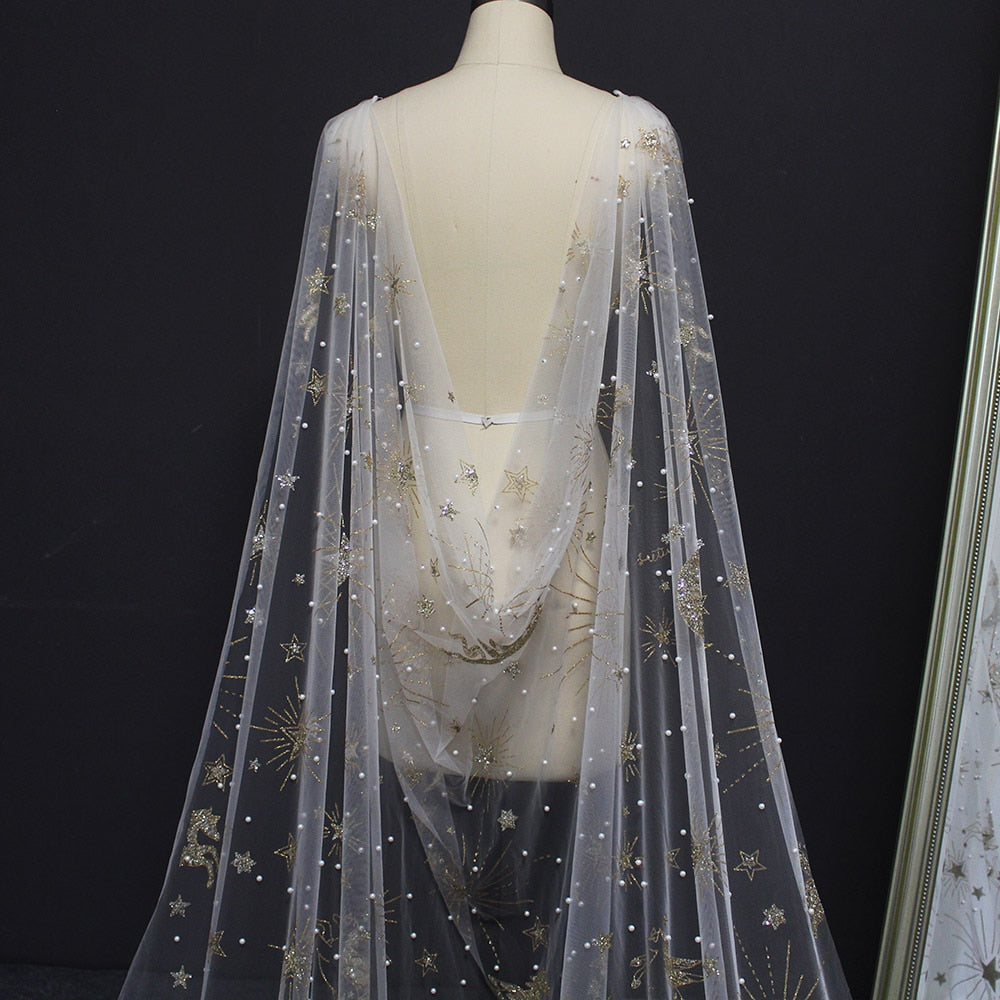 Gold Dust Pearls Moon Star Unicorn Wedding Cape Veil