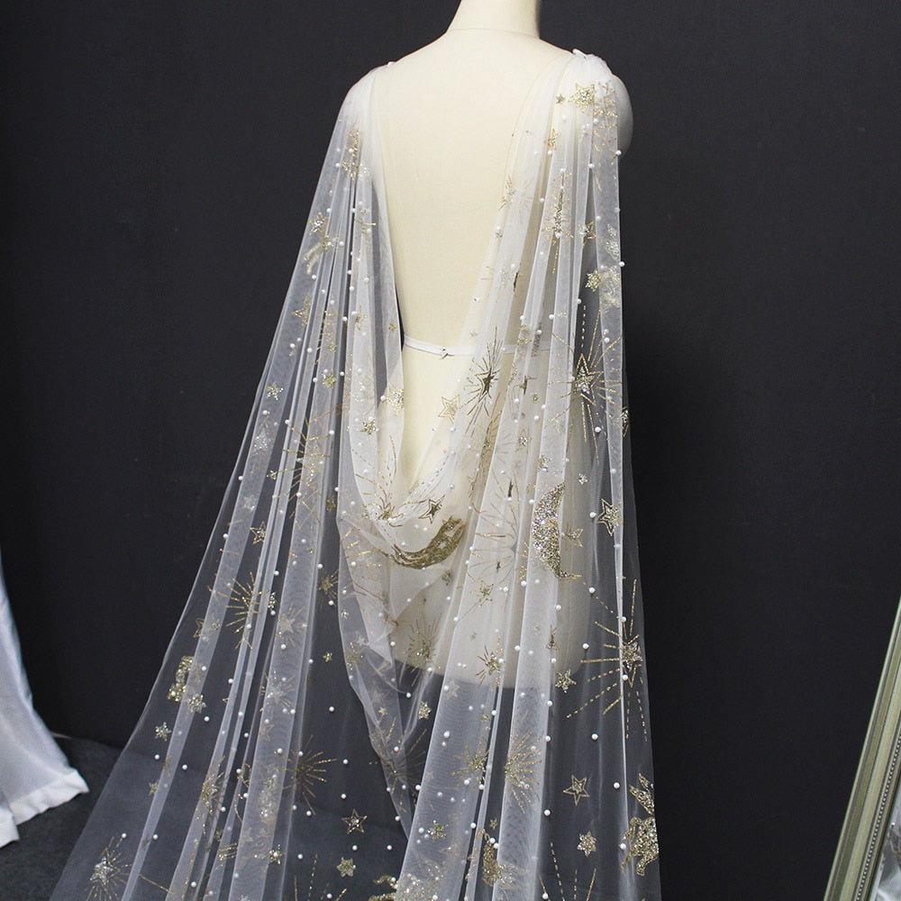Gold Dust Pearls Moon Star Unicorn Wedding Cape Veil