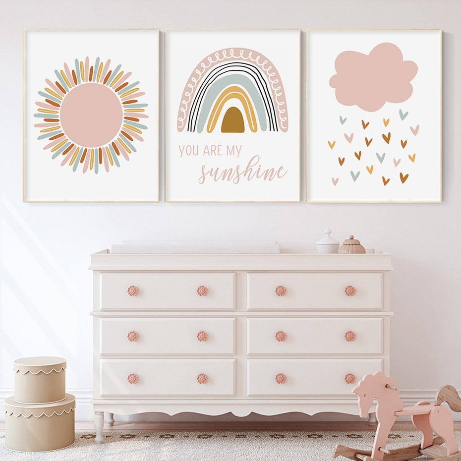 Boho Pink Rainbow Clouds You Are My Sunshine Nursery Poster