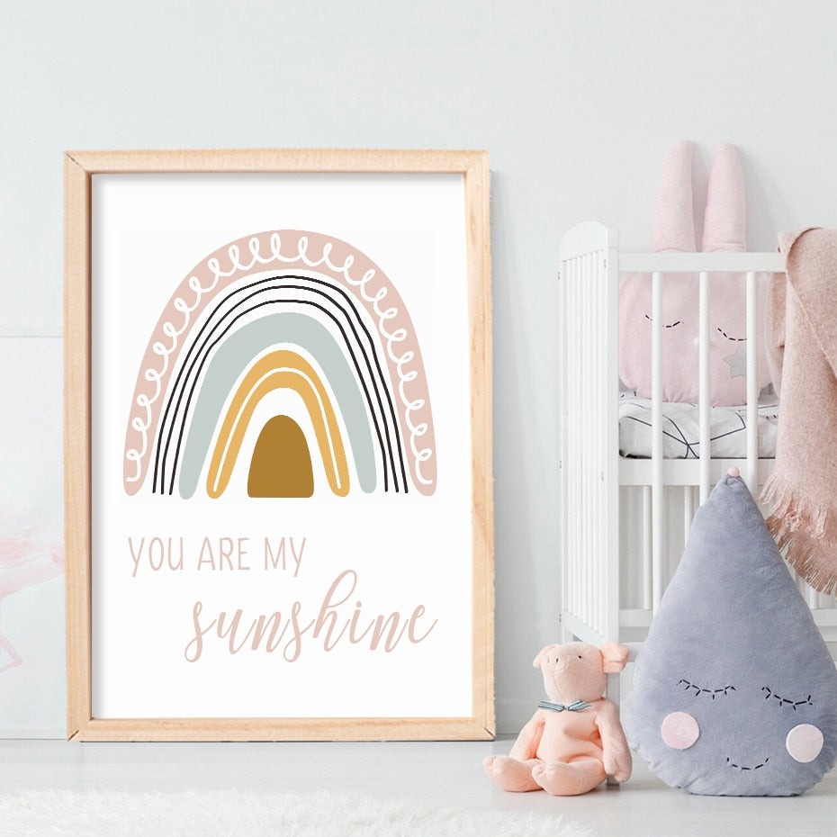 Boho Pink Rainbow Clouds You Are My Sunshine Nursery Poster