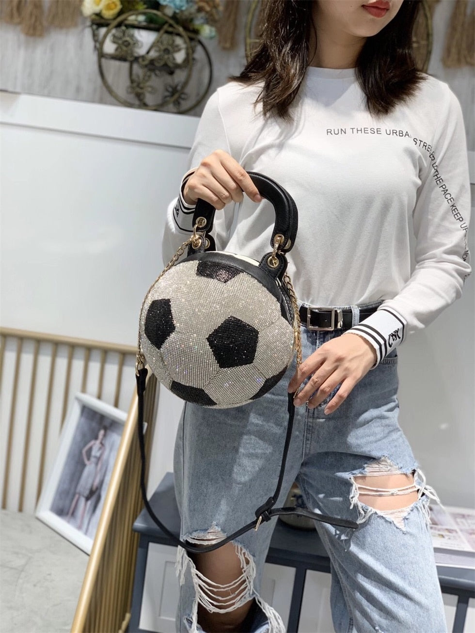 Soccer Shape Crystals Messenger Handbag