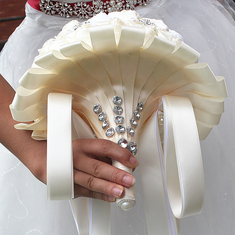 Burgundy Red White Crystal Bridal Rose Bouquet