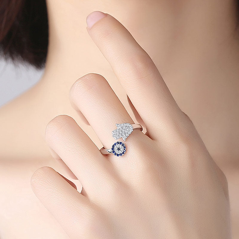 Blue Evil Eye Hamsa Hand 925 Sterling Silver Adjustable Ring