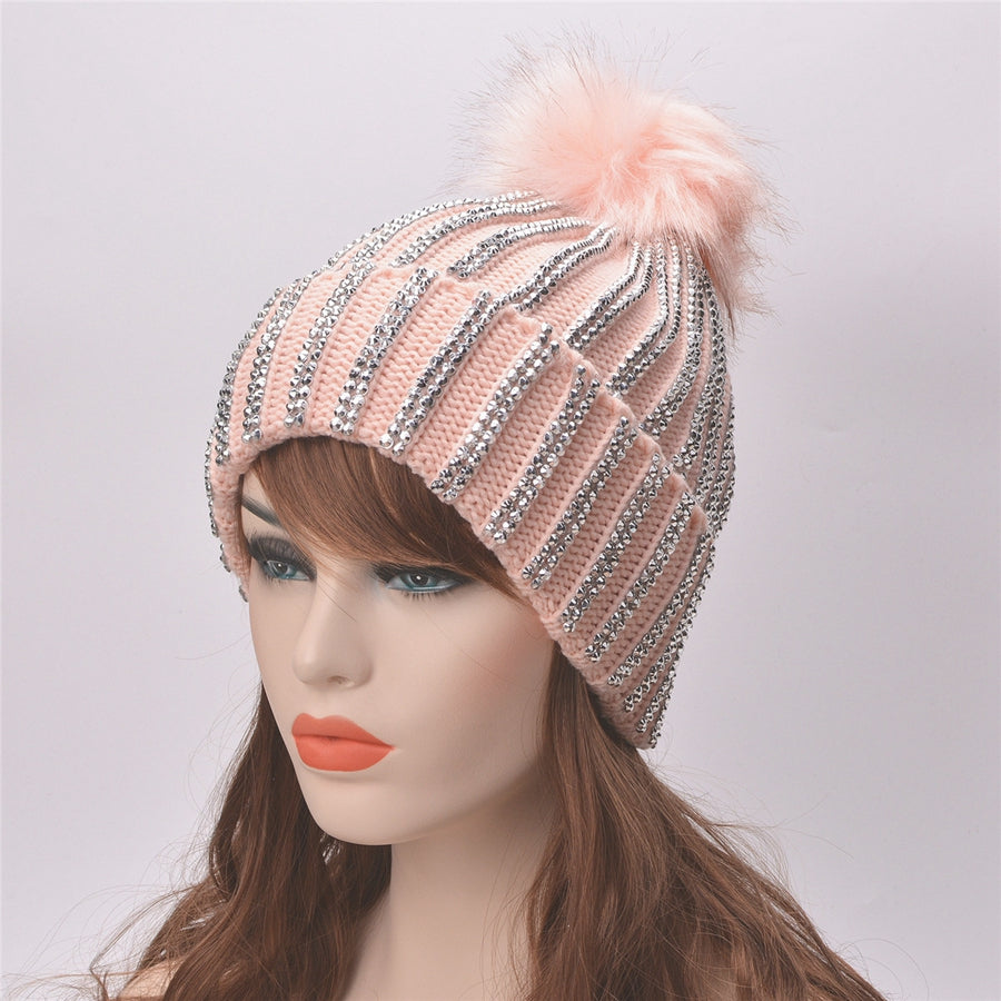 Winter Hats Faux Fur Pom Pom Rhinestone Beanies