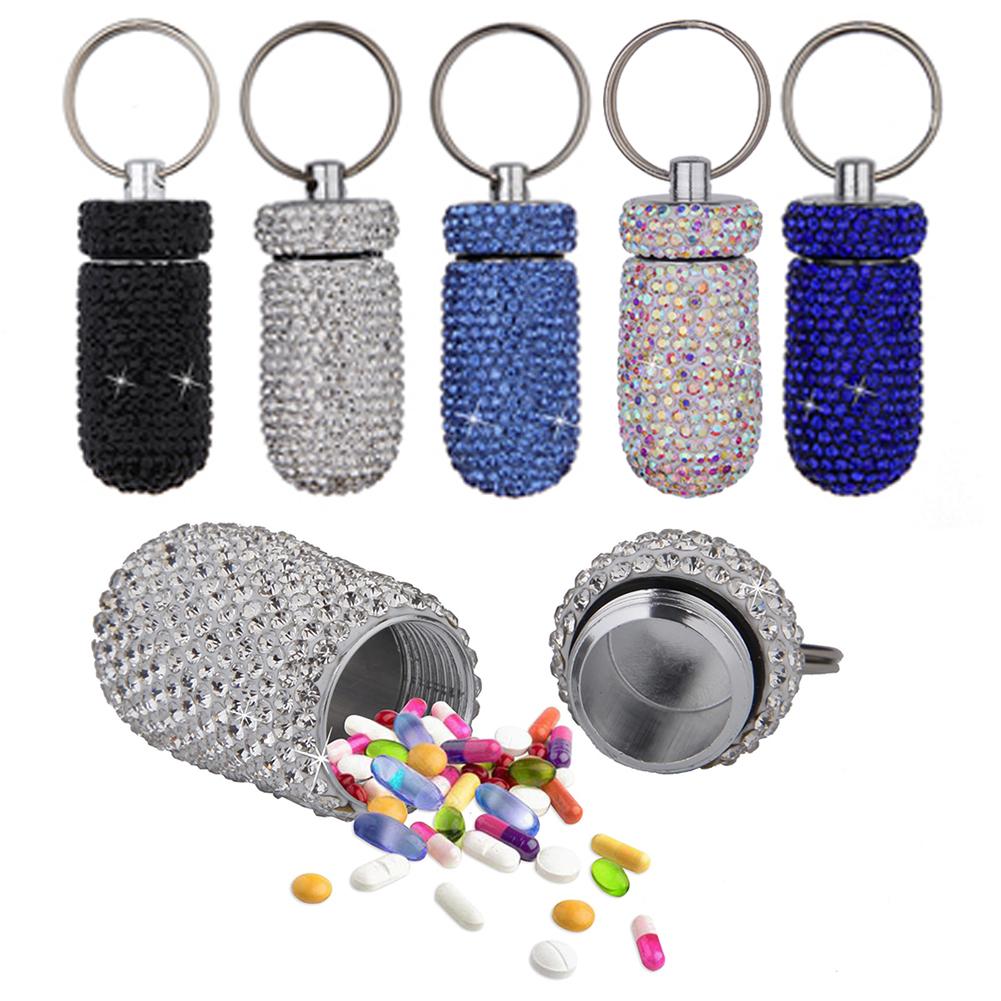2Pc Rhinestone Medicine Pill Case Box Keychain